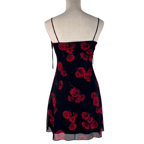 Bershka Rose Print Strappy Mini Dress Black Red Floral Y2K Romantic Going Out - Picture 9 of 10
